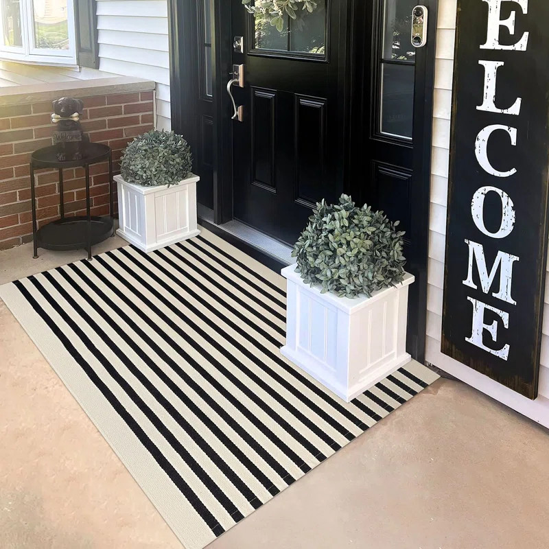 Black and Beige Washable Area Rug Striped Porch Rug  Doormat Cotton Outdoor Rug | Wayfair North America
