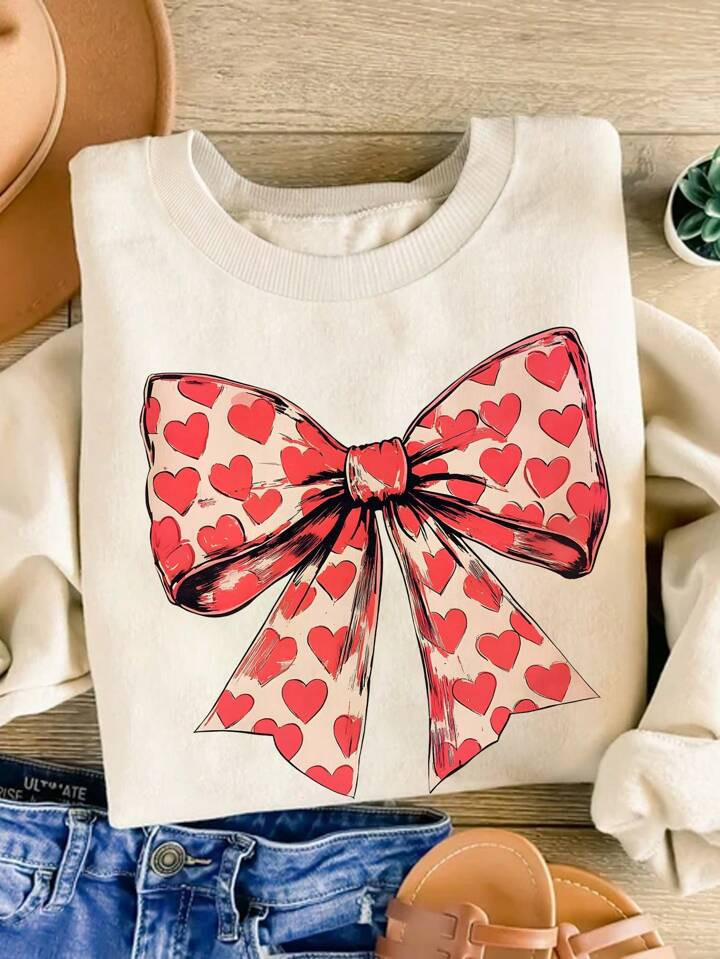 INAWLY Valentine's Day Heart & Bow Pattern, Vintage Style Women Round Neck Long Sleeve Fleece Pri... | SHEIN