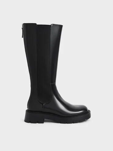 Zip-Up Chelsea Knee Boots
 - Black | Charles & Keith US