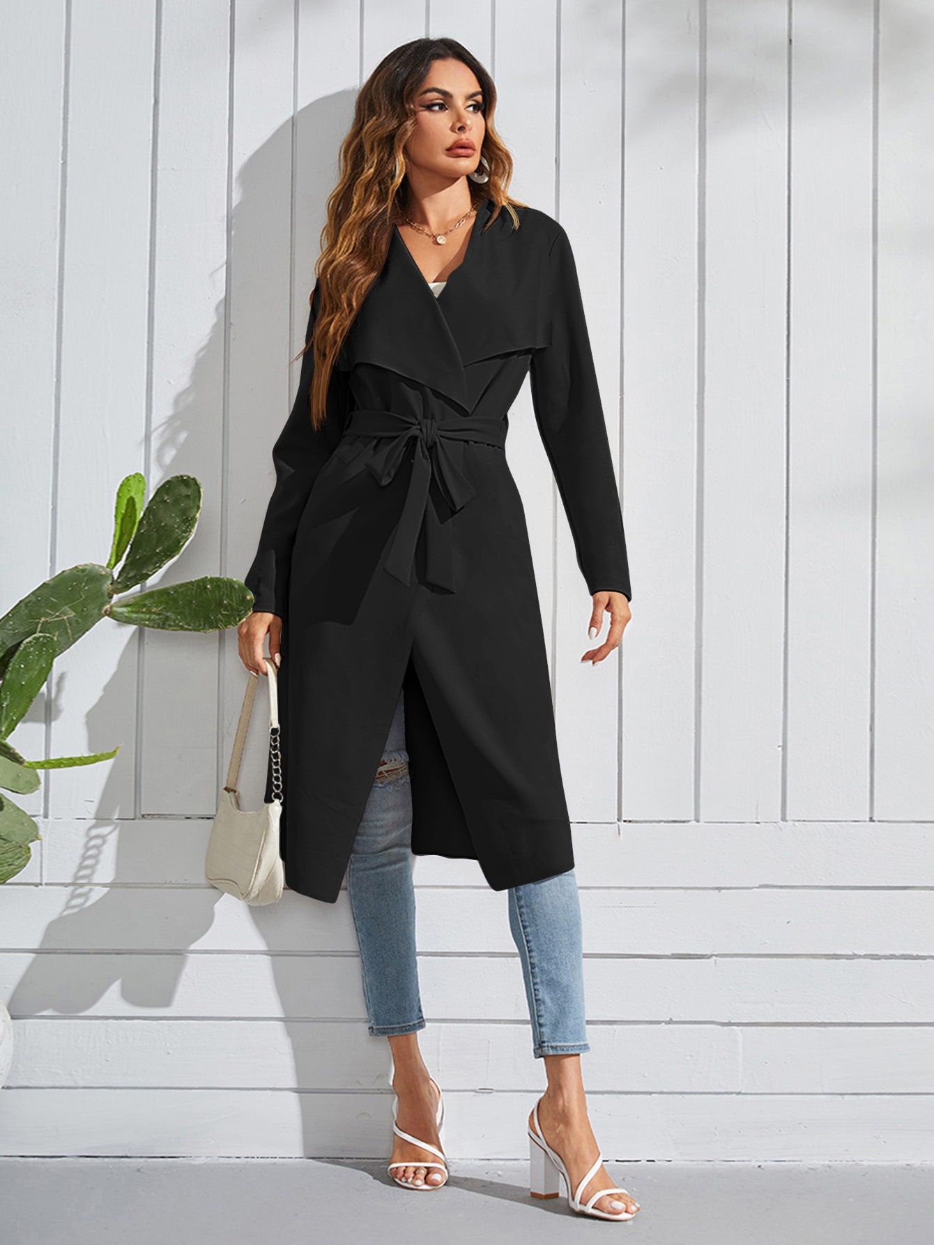SHEIN Waterfall Collar Open Front Belted Coat | SHEIN