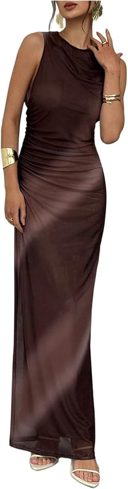 GORGLITTER Women's Tie Dye Sheer Mesh Bodycon Maxi Dress Ruched Sleeveless Birthday Long Dresses | Amazon (US)