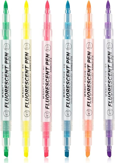 M&G 6 Pcs Dual Tip Highlighters, Chisel & Fine Tip Multicolor Highlighter Pens, Quick Dry, No Ble... | Amazon (US)