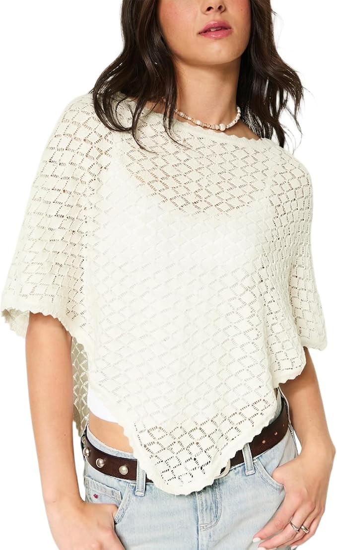 Ainangua Womens Open Stitch Poncho Tops Cropped Sequin Elegant Shawl Cape with Scalloped Trim Tre... | Amazon (US)