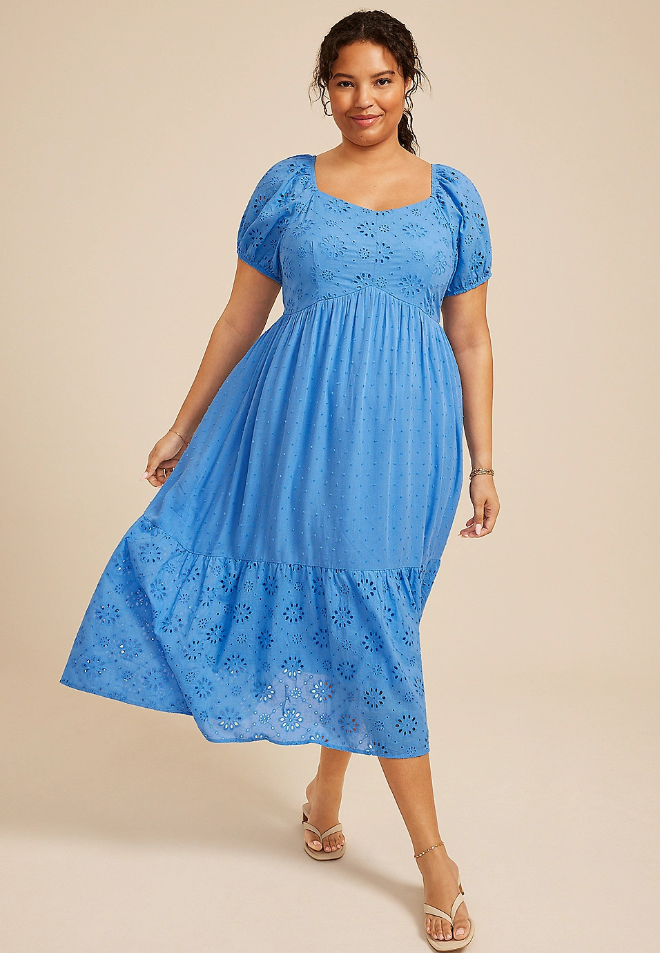 Plus Size Bare Mixed Fabric Puff Sleeve Midi Dress | Maurices