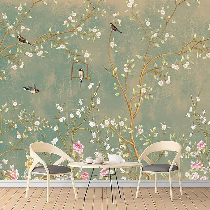 HLNIUC Chinoiserie Plum Blossom Bird Wallpaper, Vintage Green Floral Sofa Background Wallpaper, L... | Amazon (US)