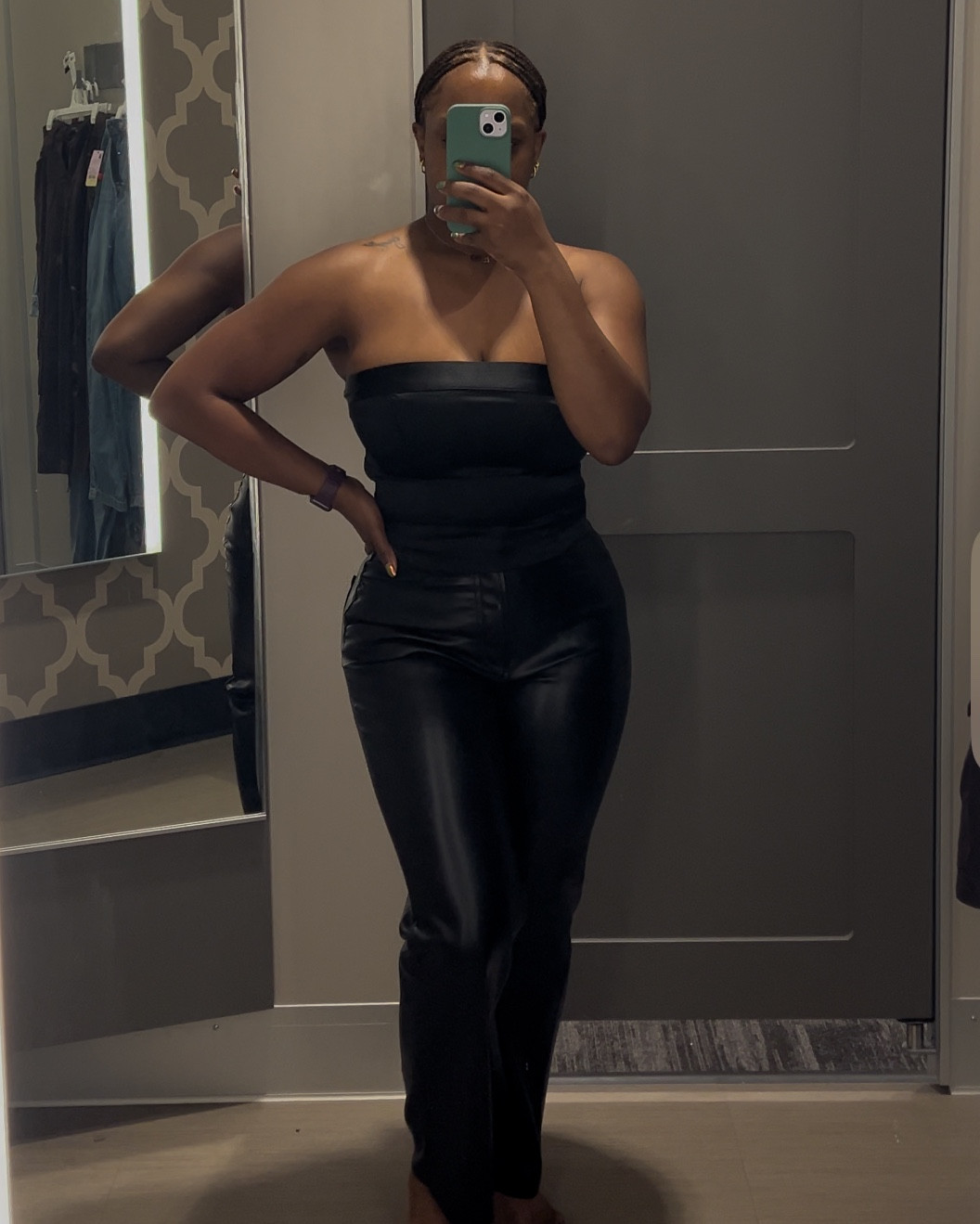 Black Satin Bustier Tube Top/Mid rise Straight Faux Leather Jeans 

#LTKFindsUnder50 #LTKSeasonal #LTKSaleAlert