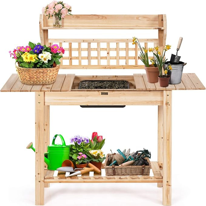 Giantex Garden Potting Bench, Outdoor Wood Work Table w/Sliding Tabletop, Planter Bench Work Stat... | Amazon (CA)