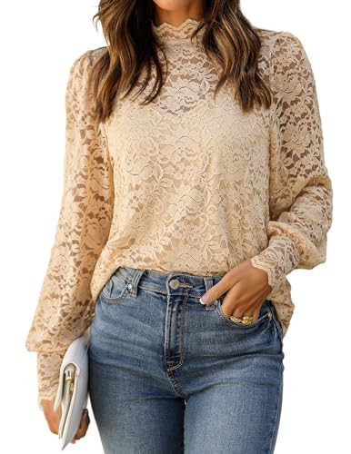 HOTOUCH Lace Tops for Women Long Sleeve Blouses Mock Neck Dressy Going Out Tops Lantern Sleeve Sheer Party Shirt Beige M | Amazon (US)