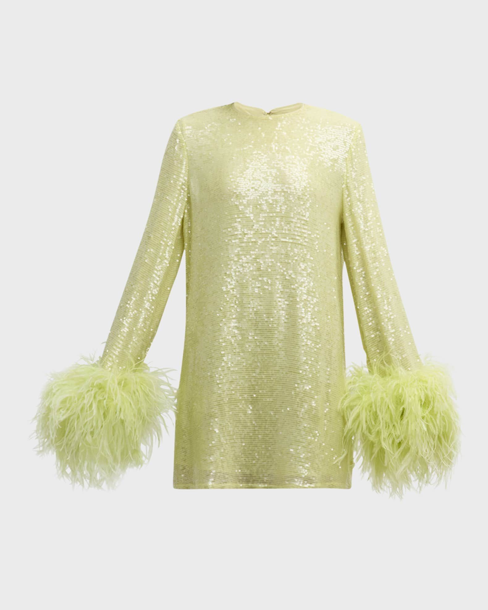 Feather-Cuffs Long-Sleeve Sequin Viscose Mini Shift Dress | Neiman Marcus