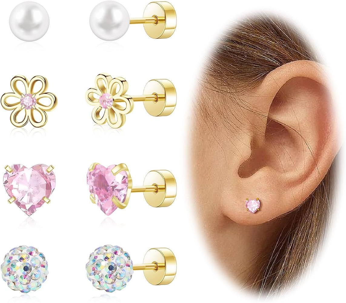 Hypoallergenic Earrings for Girls Toddler Surgical Steel Screw Flat Back Earrings for Sensitive E... | Amazon (US)