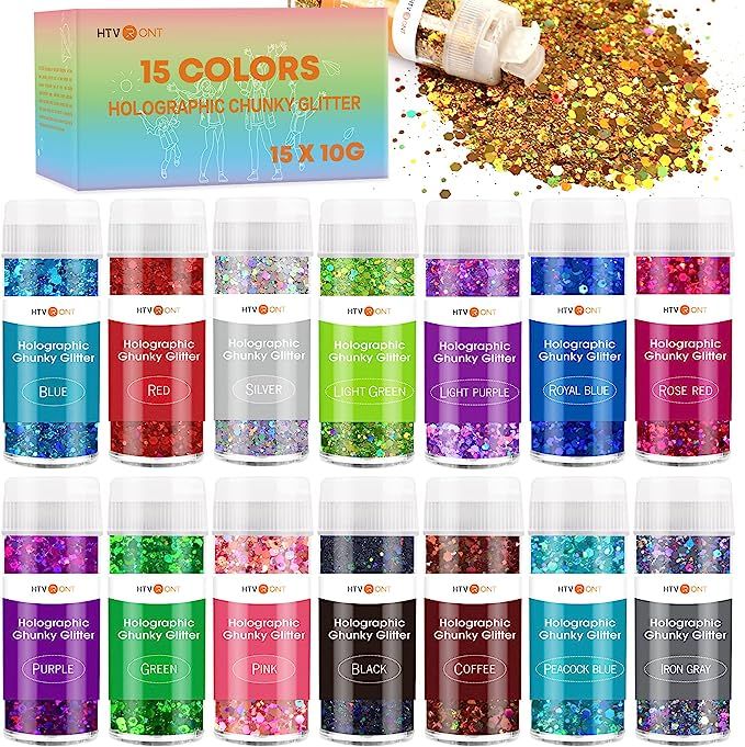 HTVRONT Holographic Chunky Glitter for Resin - 15 Colors Holographic Glitter for Resin, 150g/5.3o... | Amazon (US)