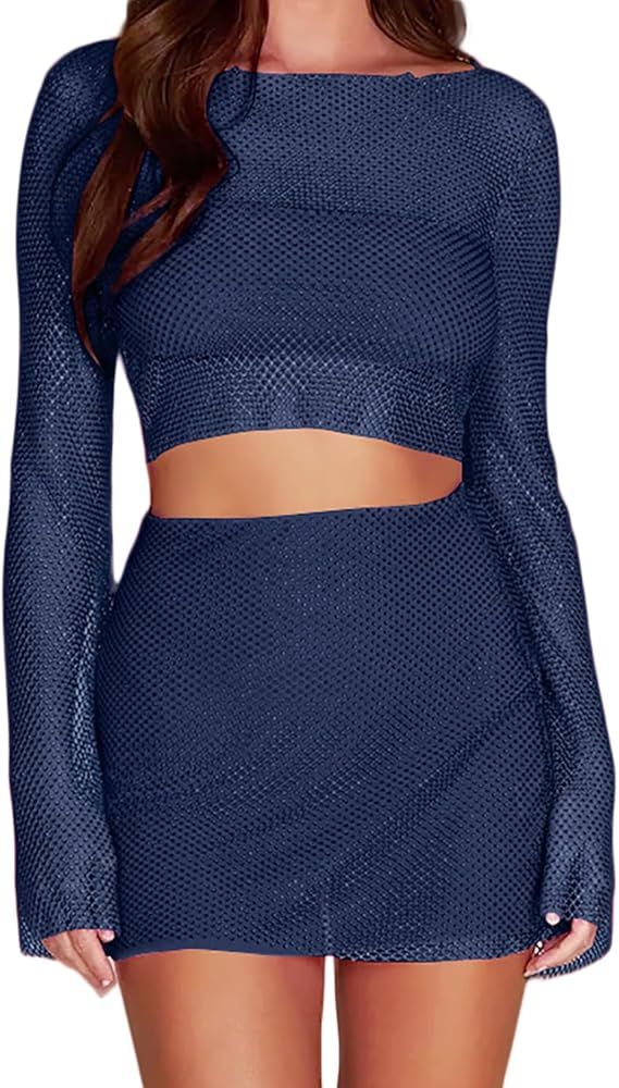 Women's 2 Pcs Outfits Sheer Mesh Fishnet Crop Top Mini Skirt Sexy Clubwear Set | Amazon (US)