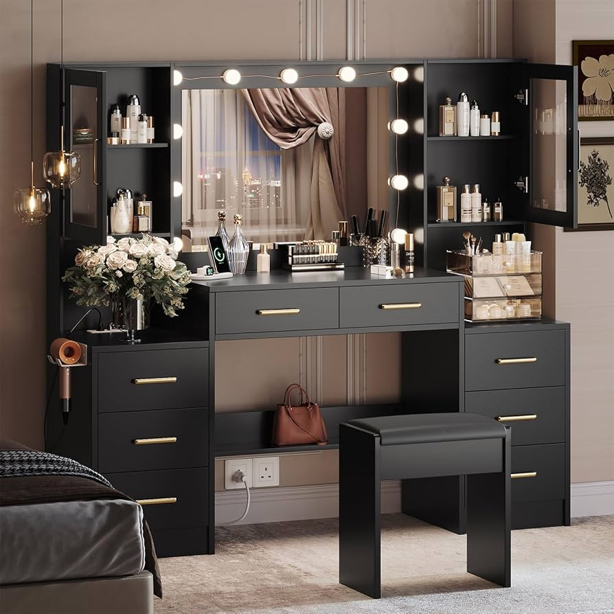 Black Vanity Desk with Mirror, Lights & Charging Station, 58.3" 3 Lighting Modes Makeup Desk with... | Amazon (US)