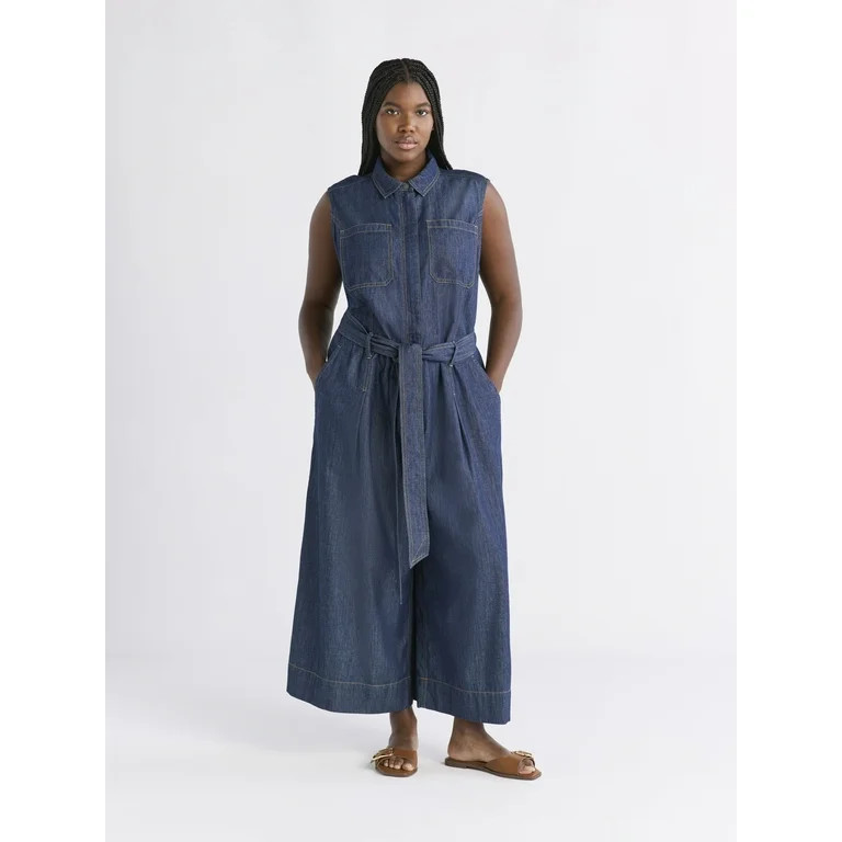 Free Assembly Women's and Women's Plus Chambray Wide Leg Cropped Jumpsuit, Sizes XS-4X | Walmart (US)