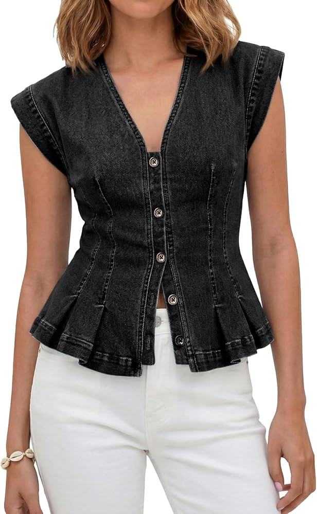 Tankaneo Womens V Neck Denim Vests Tops Trendy Summer Casual Button Down Y2k Fitted Pleated Sleev... | Amazon (US)