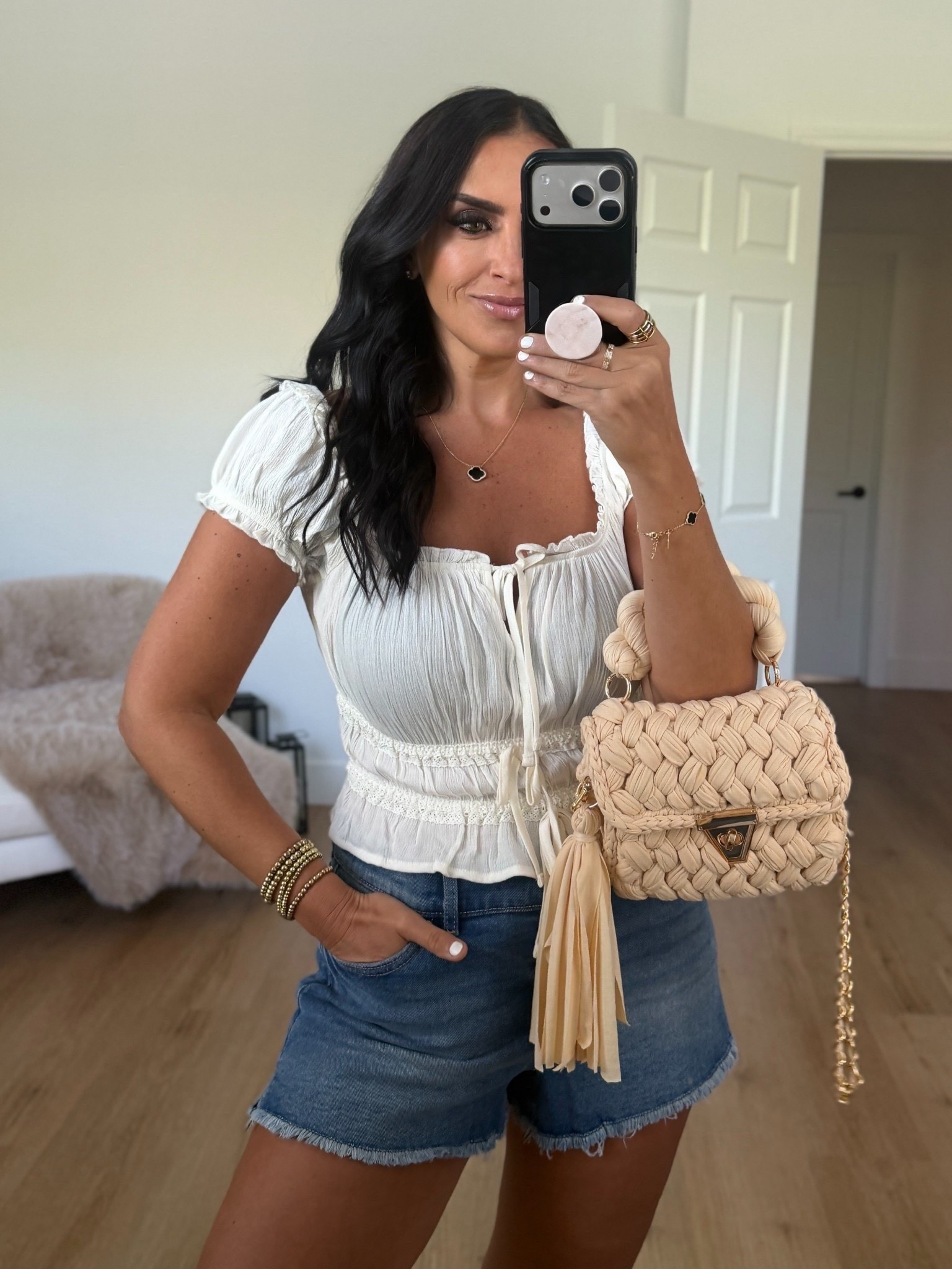 No Boundaries Puff Sleeve Peplum Top wearing size medium only $12. Madden NYC Women's Frayed Denim Shorts wearing size small only $18