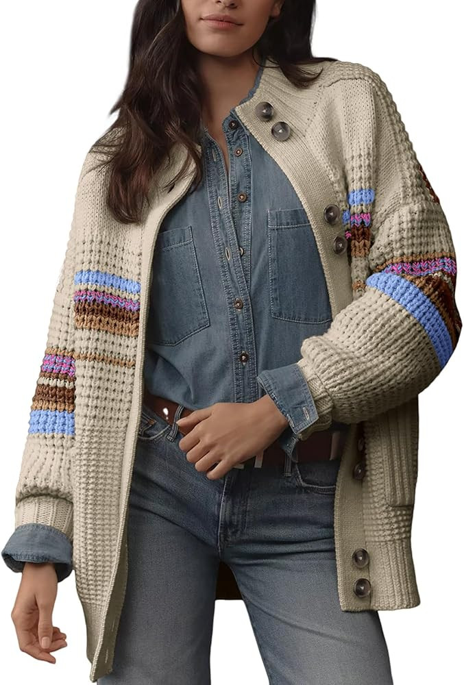 Dokotoo Womens Cardigan Sweaters Long Sleeve Casual Striped Color Block Cable Knit Fall Outfits w... | Amazon (US)