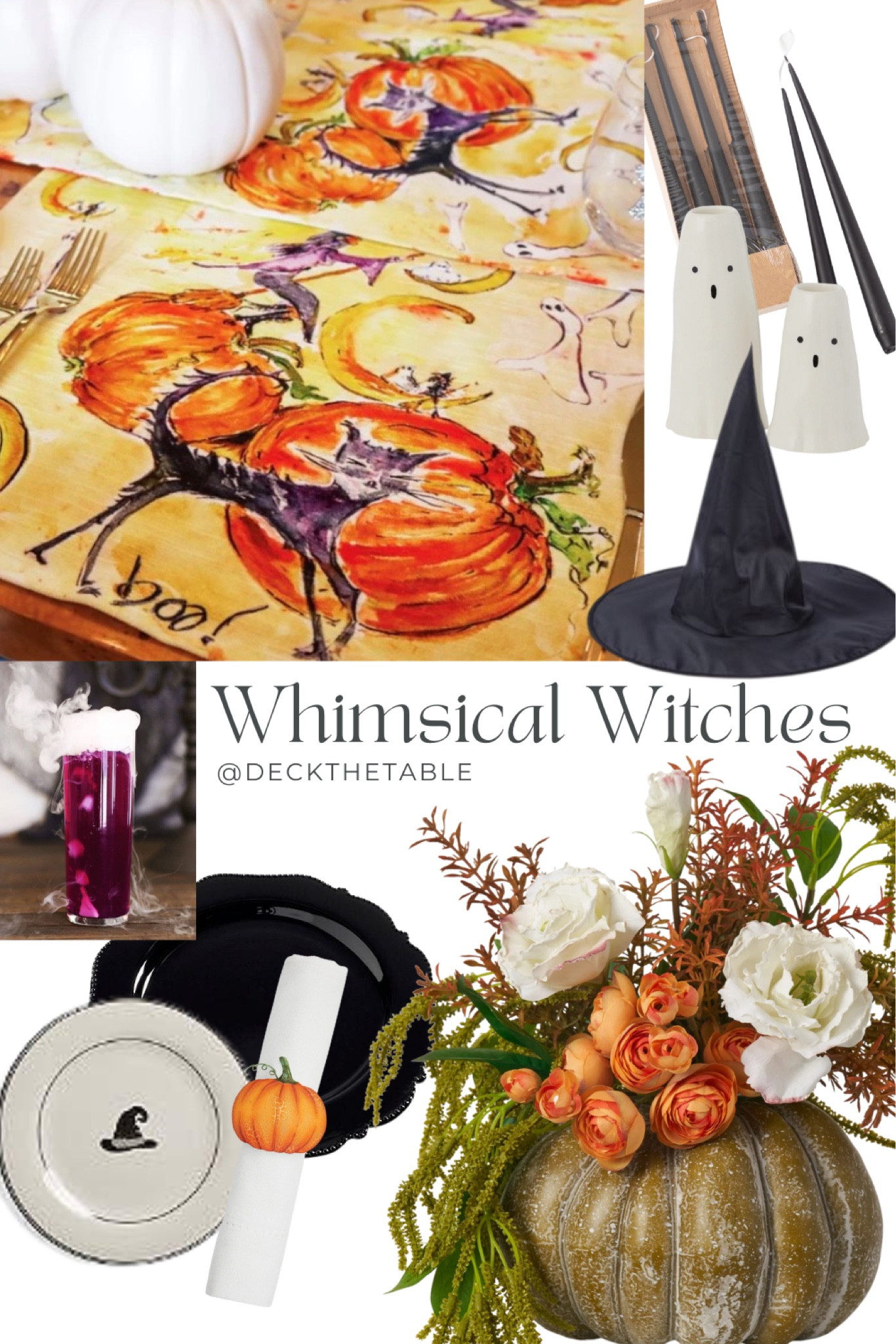 Deck a whimsical table for your favorite #witches. This floral pumpkin takes center stage with witch hats & smaller pumpkins accenting each side. Add some spooky glow with these ghost candle sticks & black candles.  

#LTKHalloween #LTKparties #LTKhome