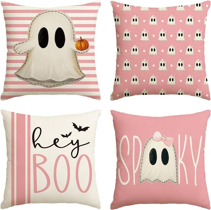 Amazon.com: AVOIN colorlife Halloween Hey Boo Cute Ghost Spooky Pink Throw Pillow Covers, 20 x 20... | Amazon (US)