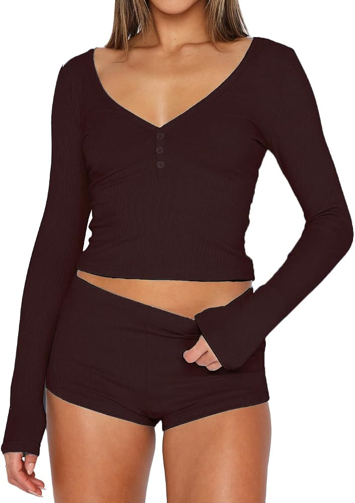 INFITTY Womens Sexy Vneck 2 Piece Sets Casual Long Sleeve Button Short Pajama Outfit 2026 Trendy ... | Amazon (US)