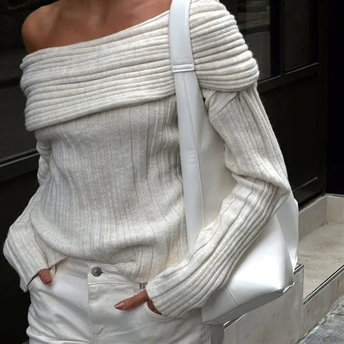 Asiris - Long Sleeve Off-Shoulder Plain Ribbed-Knit Oversized Sweater | YesStyle Global