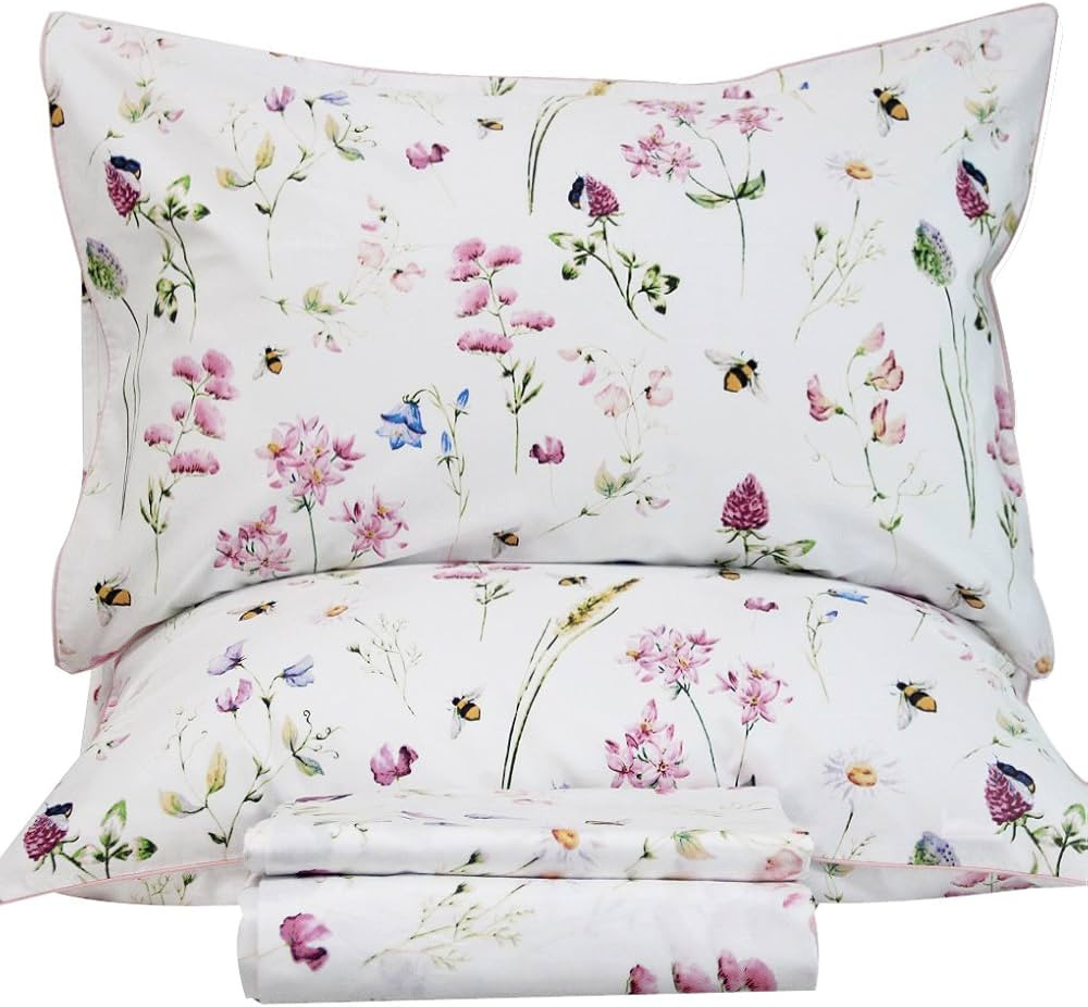 QSH Floral Bed Sheets Set Queen Size - Shabby Flower Bee Print Bed Sheet Set - Extra Soft and Bre... | Amazon (US)