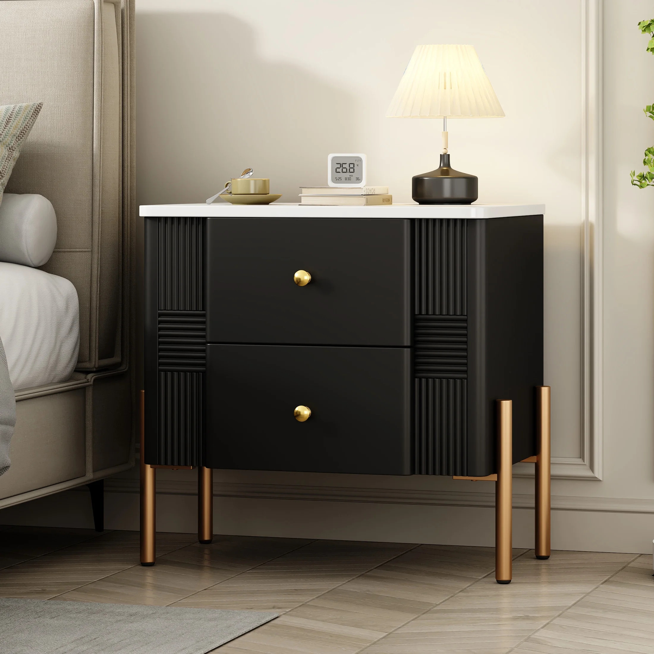 Christopher Knight Home 2-Drawer Nightstand, Bedside Table with Gold Metal Handles and Legs, Blac... | Walmart (US)