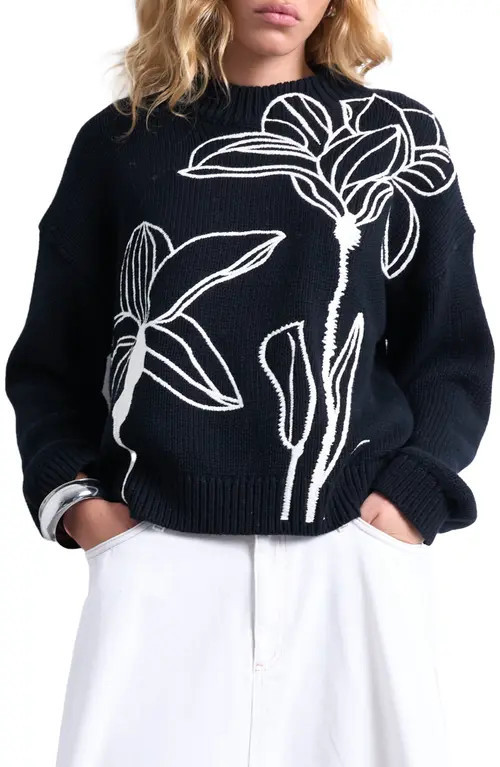 Topshop Floral Embroidered Sweater in Black Multi at Nordstrom, Size Large | Nordstrom