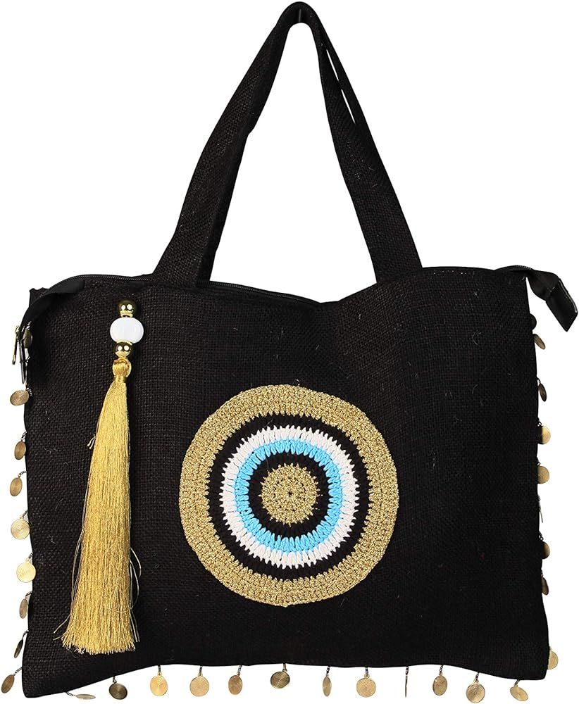 KarensLine Handmade Evil Eye Jute Beach Bags and Totes Eco-Friendly Sustainable Black Gold Eye To... | Amazon (US)