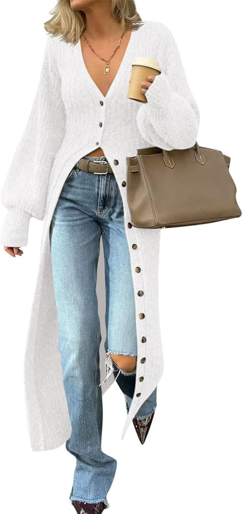 Saodimallsu Womens Long Cardigans V Neck Button Down Chunky Knit Dusters Sweater Coat Fall Trendy... | Amazon (US)