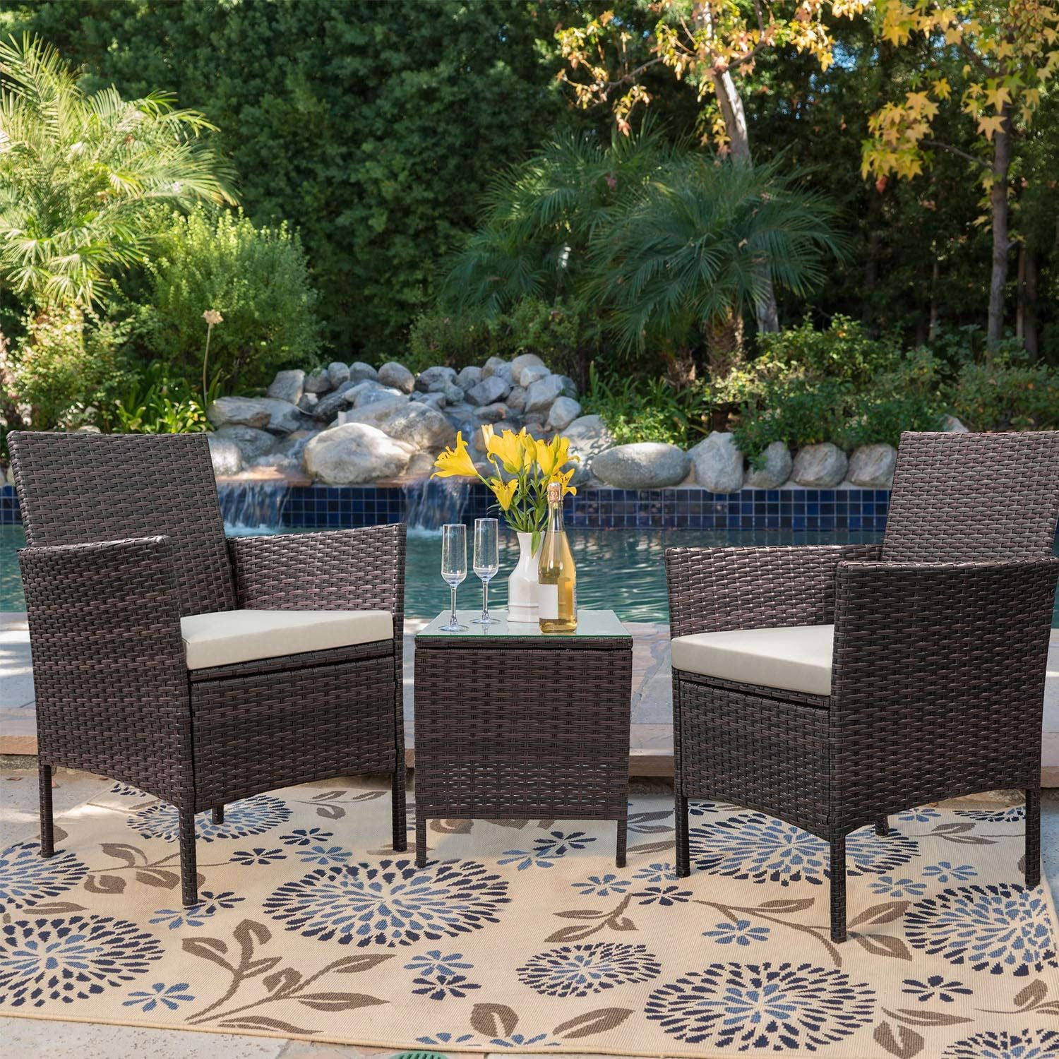 Walnew 3 Pieces Outdoor Patio Furniture PE Rattan Wicker Table and Chairs Set Bar Set with Cushio... | Walmart (US)