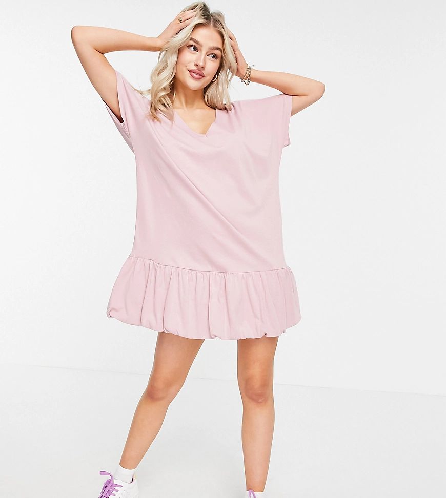 ASOS DESIGN Petite bubble hem v front short sleeve dress in Rose-Pink | ASOS (Global)