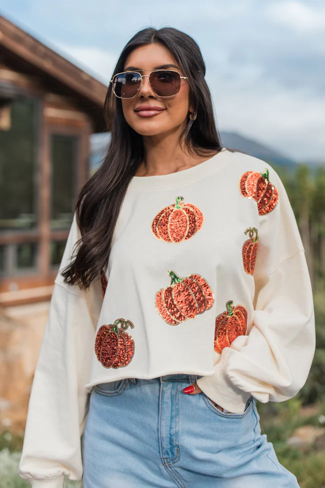 Pumpkin Spice Please Ivory Sequin Patch Sweatshirt | Pink Lily