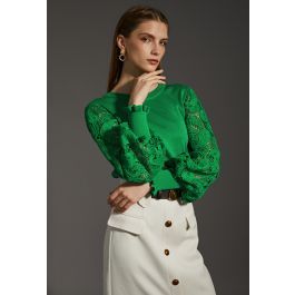 Paisley Crochet Sleeve Knit Top in Green | Chicwish