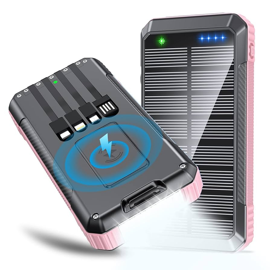 Solar Power Bank Wireless Charger 33800mAh Built in 4 Cables and LED Camping Lights 22.5W Fast Ch... | Amazon (US)