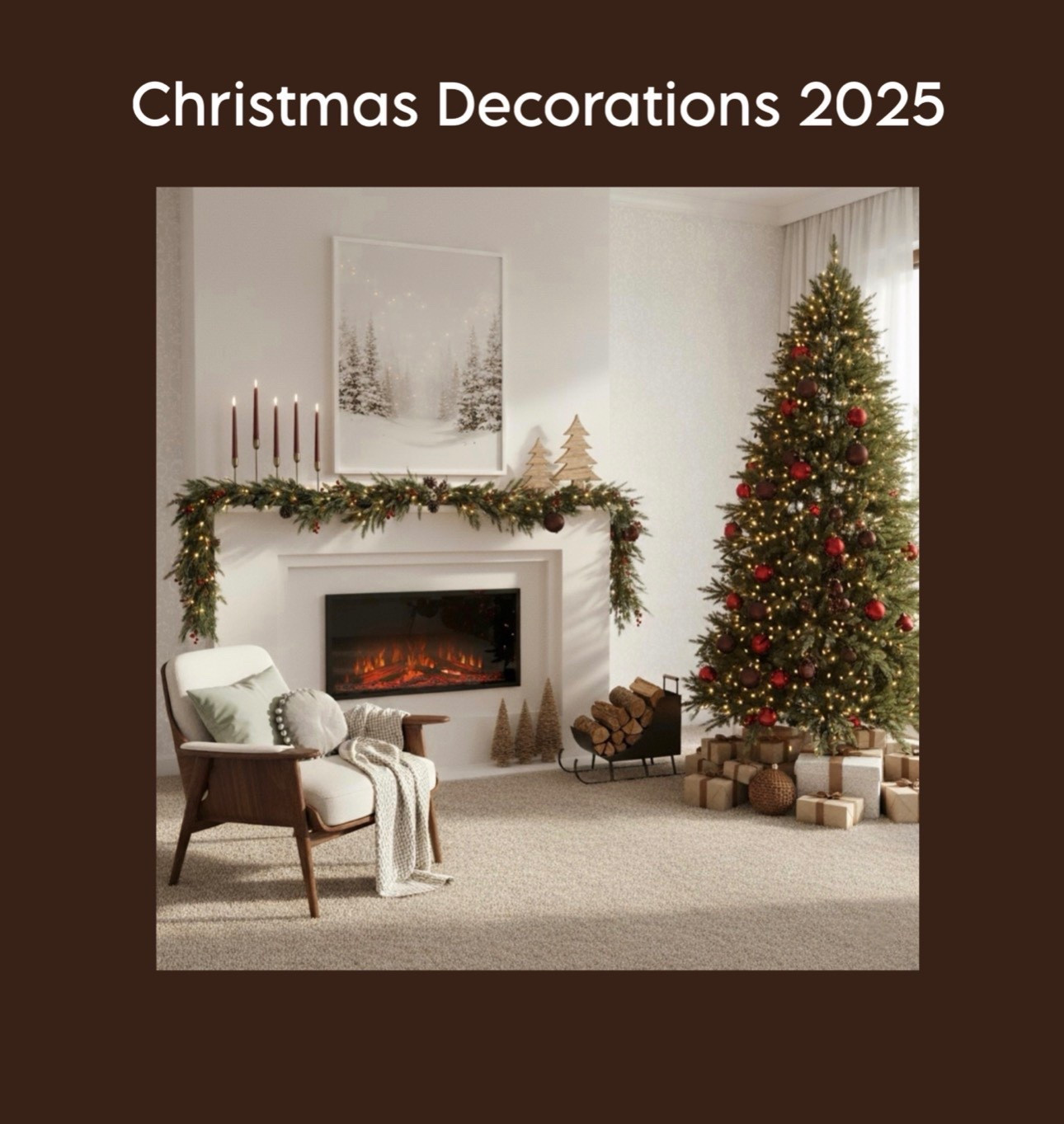 Cozy Christmas living room, cozy living room, Christmas tree, twinkling lights, red ornaments, fireplace, electric fire glowing, garland on mantel, evergreen branches, red berries, small lights, candles, winter artwork, snowy forest scene, wooden Christmas tree decorations, armchair, knitted throw blanket, decorative pillows, faux firewood, sleigh-shaped log holder, wrapped presents, neutral tones, festive atmosphere, warm and inviting

Christmas Decor 2025, Holiday Home Vibes, Festive Season 2025, Christmas Aesthetic, Winter Wonderland Decor, Merry and Bright, Christmas Magic 2025, Deck the Halls, Tis the Season 2025, Home for the Holidays, Modern Christmas Decor, Minimal Holiday Style, Scandi Christmas, White Christmas Vibes, Classic Christmas Decor, Cozy Christmas Home, Rustic Holiday Charm, Plaid and Pine, Fireside Christmas, Mantle Decoration, DIY Christmas Decor, Handmade Holidays 2025, Crafty Christmas, Upcycled Christmas Decor, Christmas Lights 2025, Outdoor Holiday Magic, Front Porch Christmas, Twinkle Light Wonderland. 
Amazon Christmas tree. 

#LTKHoliday #LTKCyberWeek #LTKSaleAlert