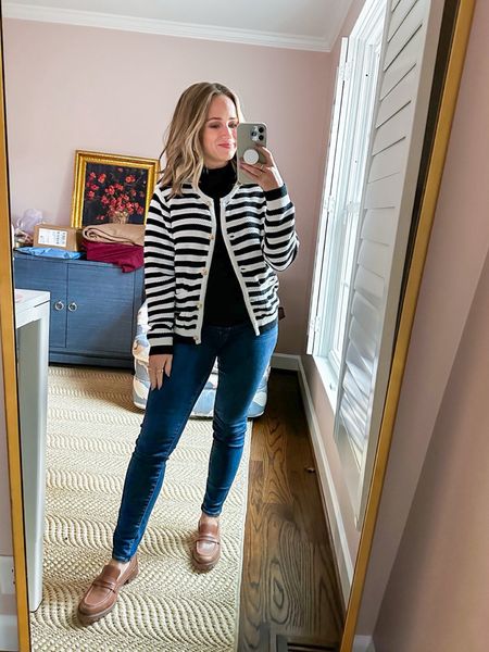 This black and white stripe cardigan lady jacket is from AMAZON! The quality is better than I expected and the fit is TTS - I have a small. 

#LTKshoecrush #LTKfindsunder100 #LTKSeasonal