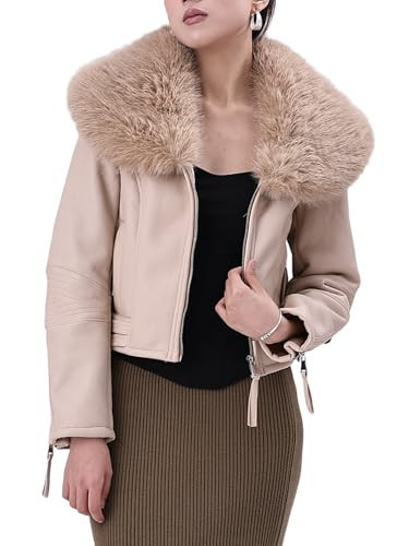 Bellivera Women's Faux Leather Jacket Moto Biker Sherpa-Lined Coat with Removable Fur Collar 267 Beige S | Amazon (US)