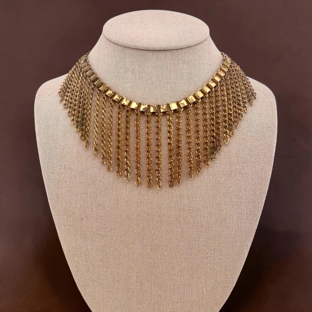 Vintage Aged Brass Bookchain Fringe Bib Necklace | Etsy (US)