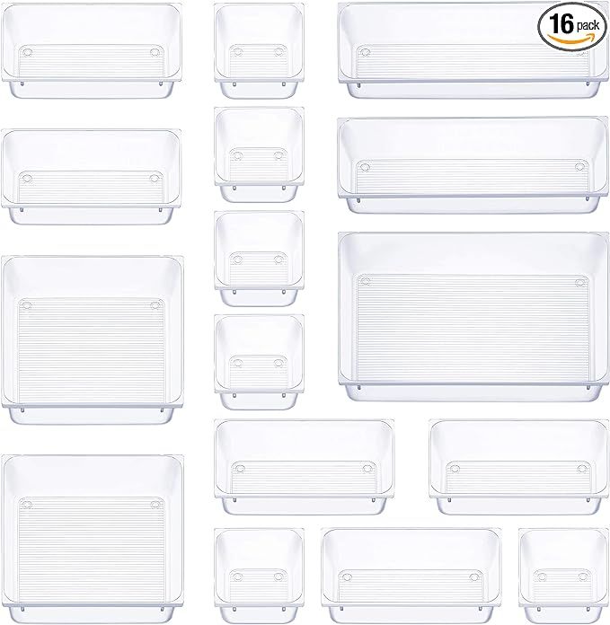 16 Pcs Clear Plastic Drawer Organizers Set, 5 Size Versatile Bathroom and Vanity Drawer Organizer... | Amazon (US)