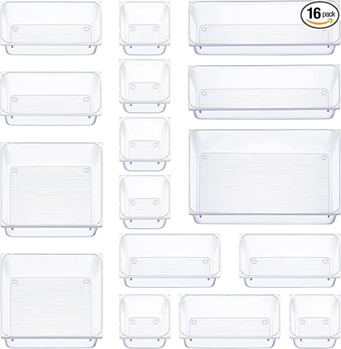 16 PCS Clear Plastic Drawer Organizers Set, 5-Size Versatile Bathroom and Vanity Drawer Organizer... | Amazon (US)