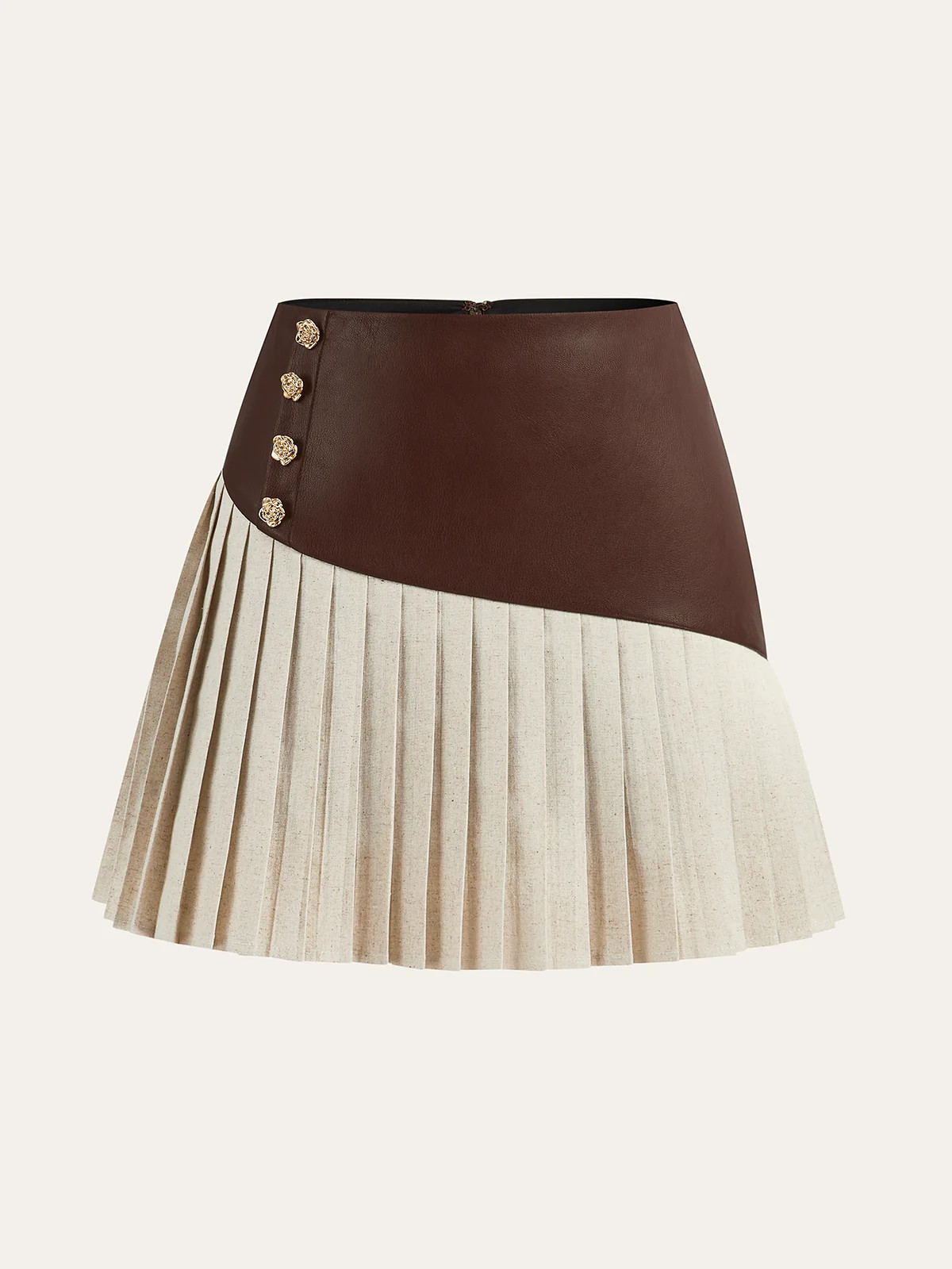 PU Panel Cotton & Linen Pleated Mini Skirt | Commense