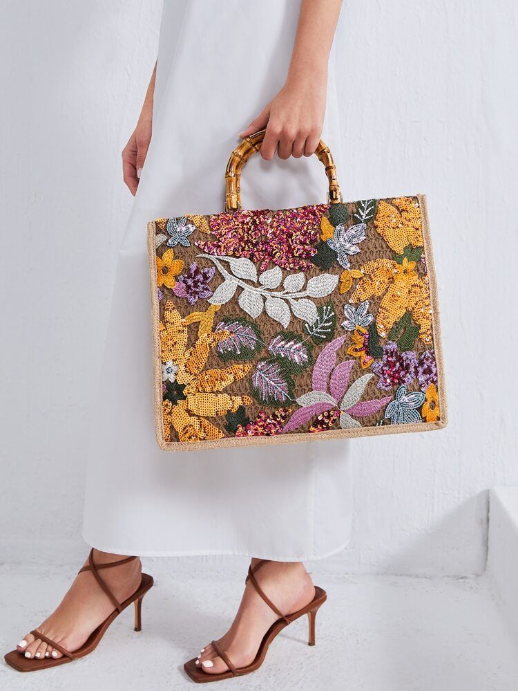 Random Floral Decor Straw Bag | SHEIN