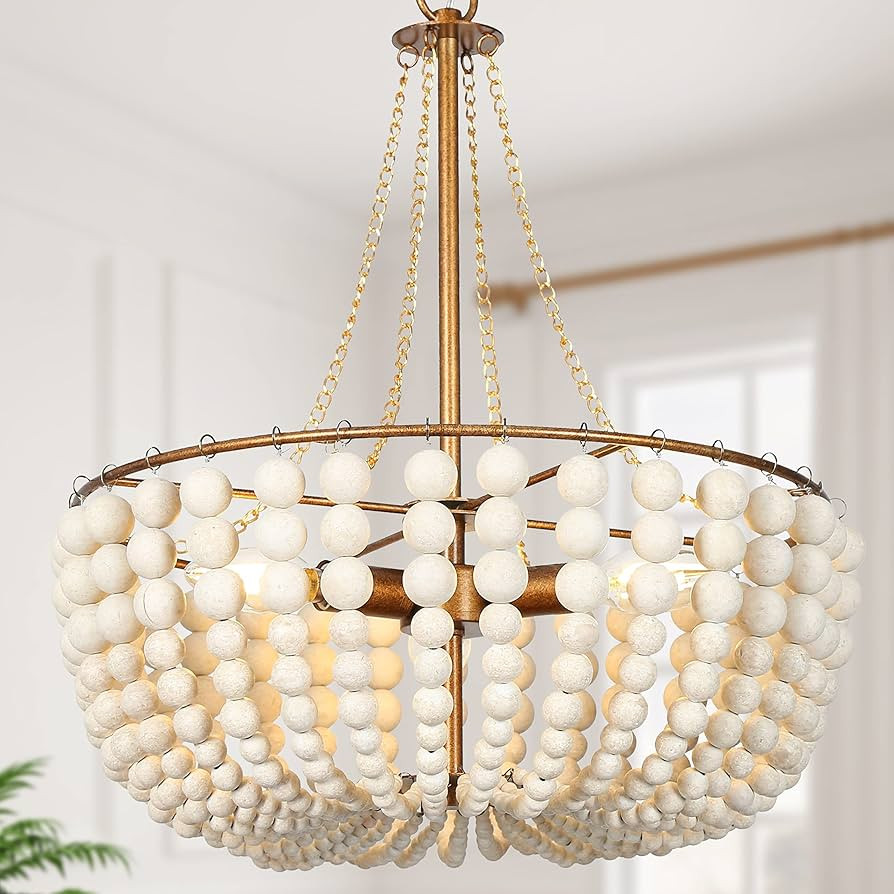 Uolfin Wood Beaded Chandelier, 3-Light Modern Farmhouse Boho Chandelier Light Fixture with Antiqu... | Amazon (US)