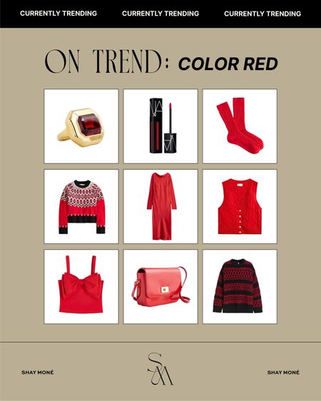 On Trend: color RED for holiday! Red lipstick, sweaters, bag, tops, vest, jewelry, rings 

#LTKstyletip #LTKitbag #LTKHoliday