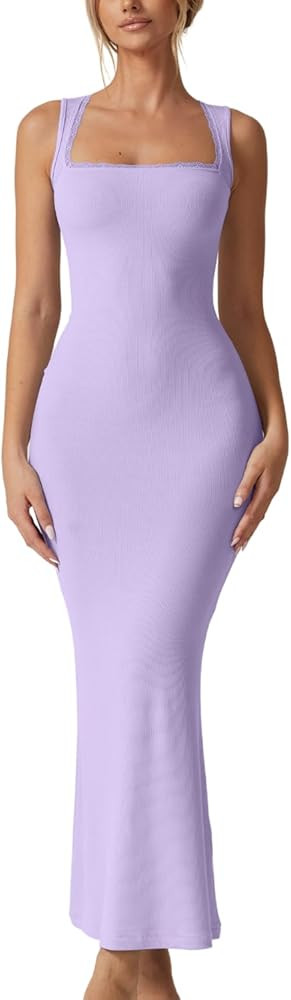 Women's Square Neck with Lace Detail Long Maxi Dress Sleeveless Lounge Ribbed Full Length Dresses | Amazon (US)