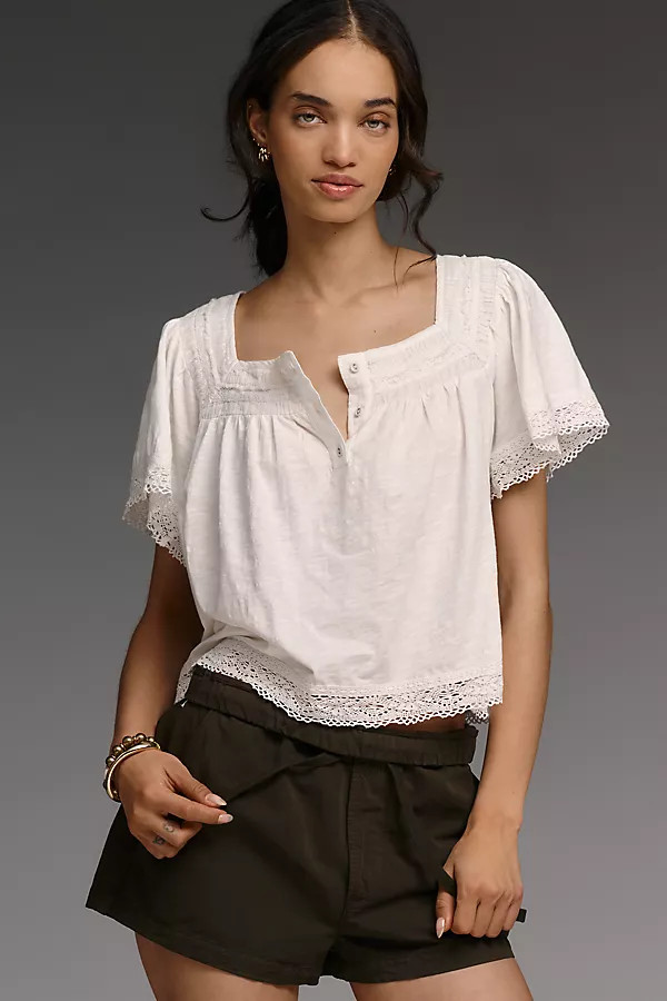 By Anthropologie Lace-Trimmed Short-Sleeve Henley | Anthropologie (US)
