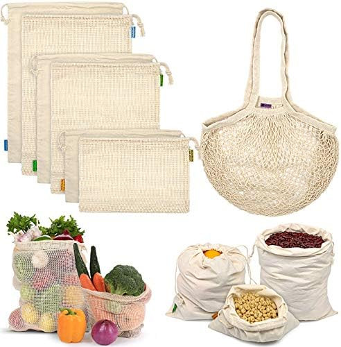 Reusable Produce Bags, Organic Mesh Bags Muslin Bags with Drawstring Bonus Reusable Grocery Bag f... | Amazon (US)