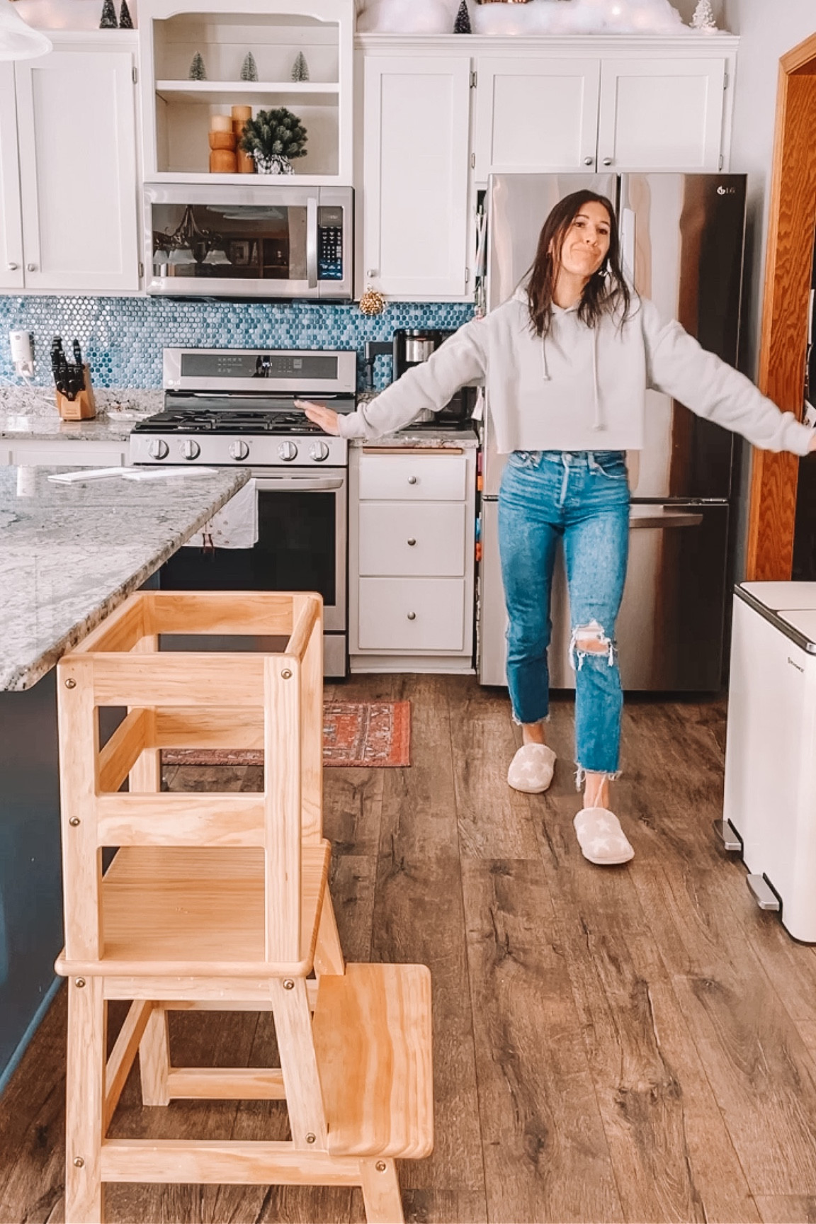 Amazon fashion casual outfits
Cropped sweatshirt, small
Levi jeans, 26/2
Slippers, size down

Toddler stool, wood stool, kitchen stool for toddlers
Trash can, double trash can

Home decor 
Amazon finds 

#LTKhome #LTKbaby #LTKFind