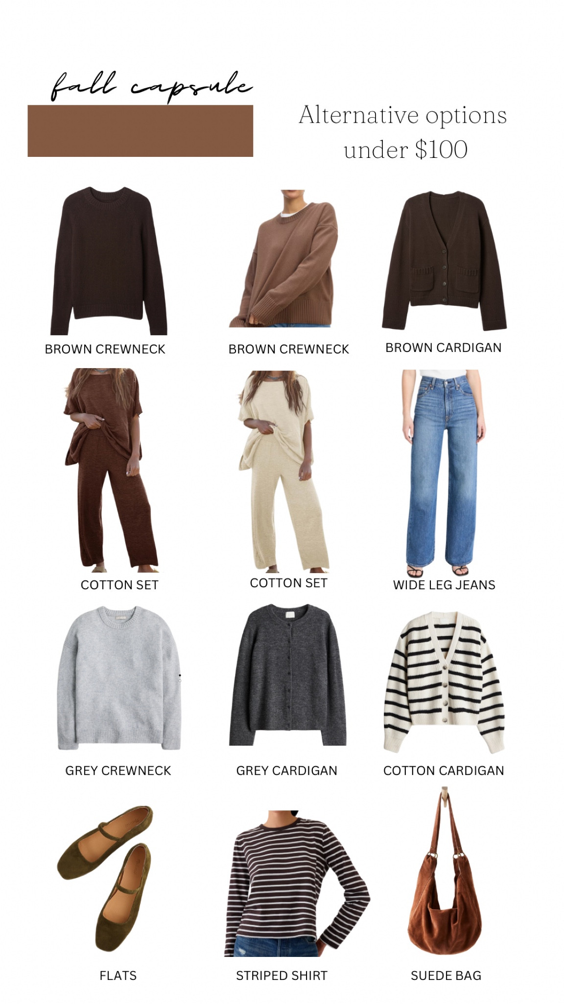 Similar options under $100 cardigans, sweaters, madewell flats in other colors + wide leg levis jeans and amazon cotton knit set i own and love! 

Amazon set- tts i wear medium 

Cardigans true to size

Follow listing size guide 